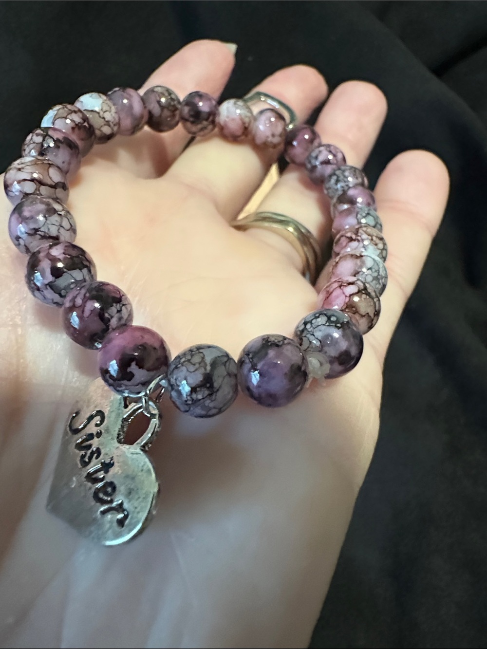 Sister Heart Charm purple multi tone Beaded stretch Bracelet